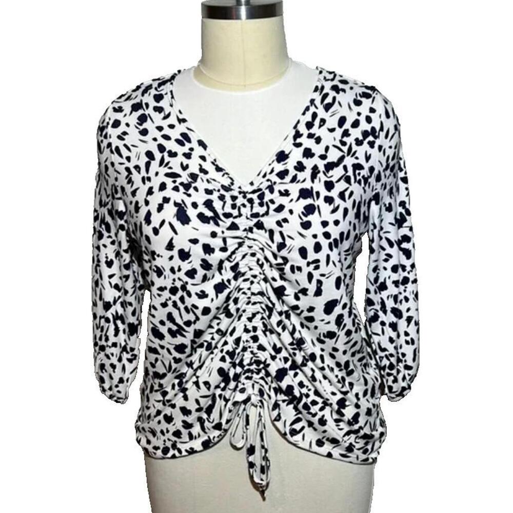 Como Blu Sweater 2X Blue & White V-Neck Center Gathered Bling Sleeves